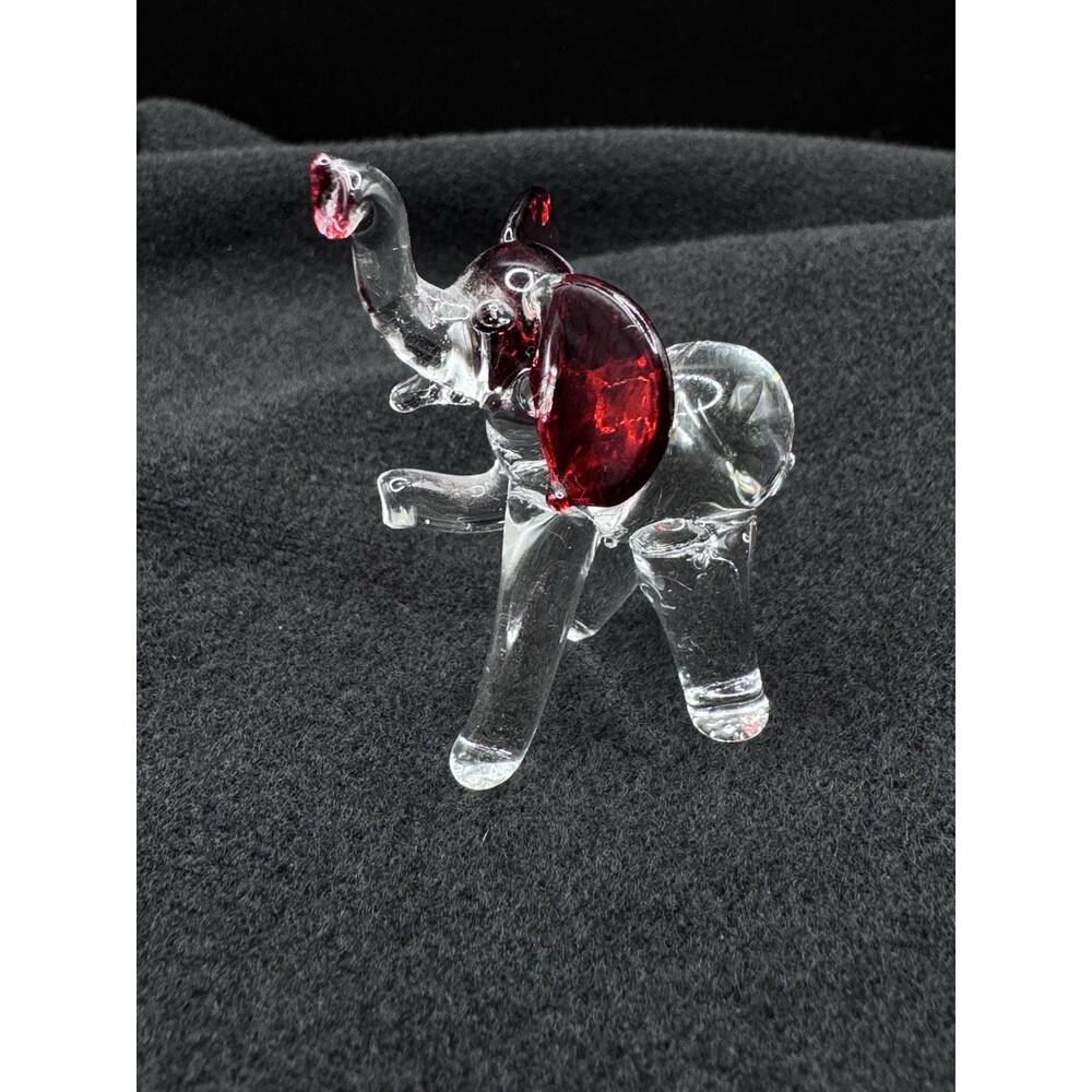 Hand Blown Murano Style Clear Red Art Glass Elephant Figurine Good Luck Trunk Up